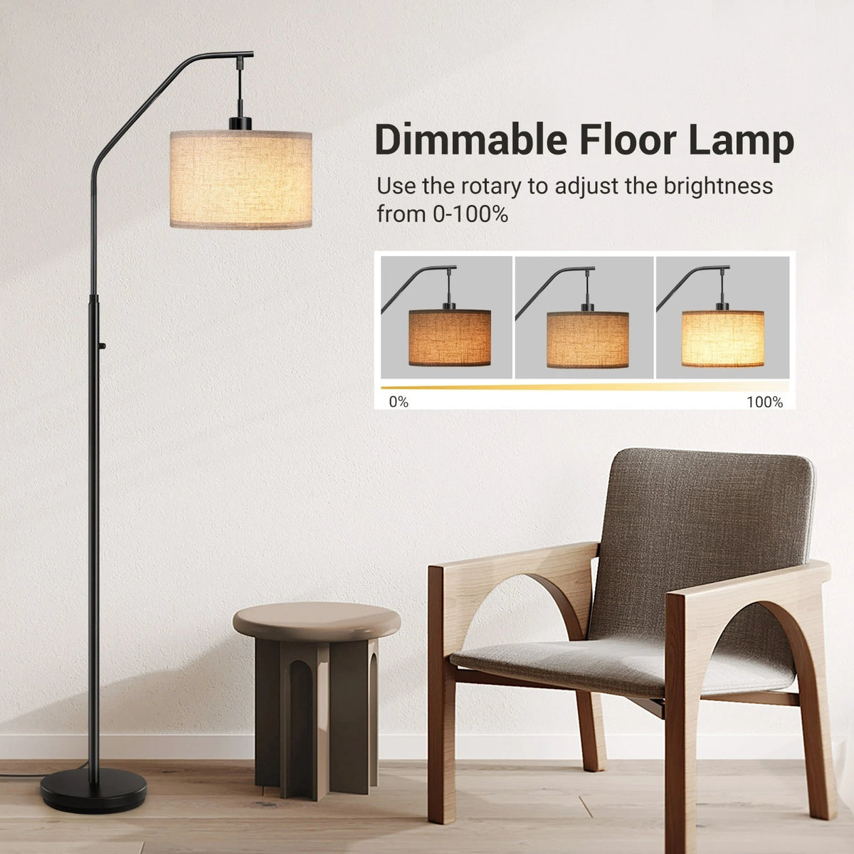 Arched Floor Lamp with Dimmable LED, Hanging Drum Shade, Black Kit LED