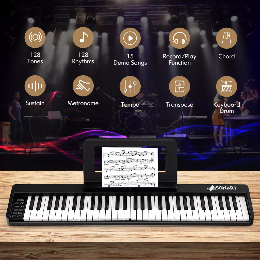 61-Key Folding Piano Keyboard with Semi-Weighted Keys  MIDI & Bluetooth