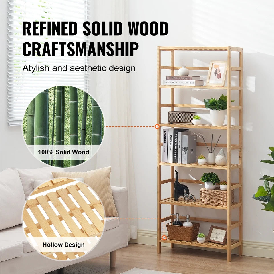 6-Tier Natural Bamboo Ladder Shelf for Books, Plants & Storage Use