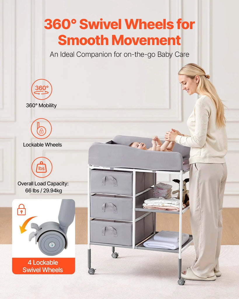 Adjustable Baby Changing Table with Storage Drawers and Wheels