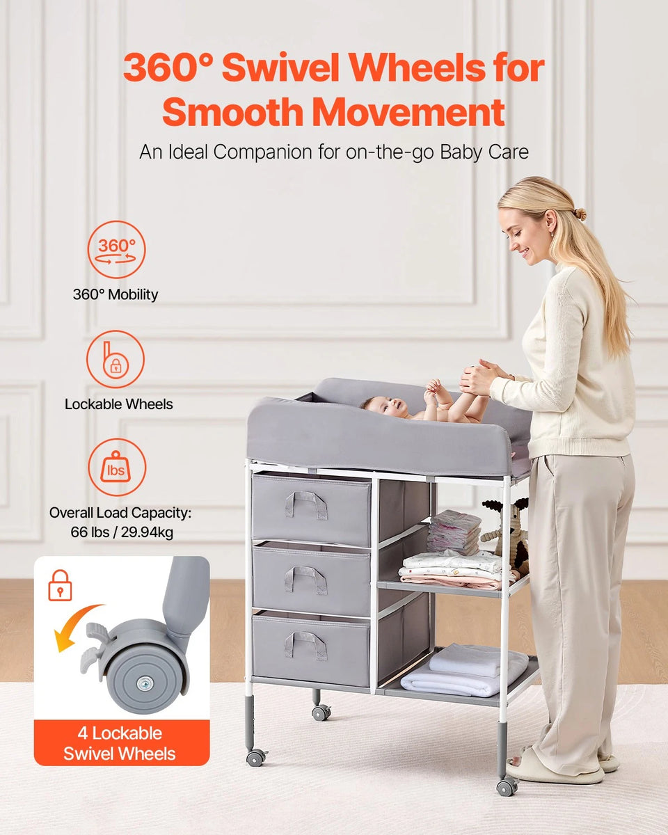 Adjustable Baby Changing Table with Storage Drawers and Wheels