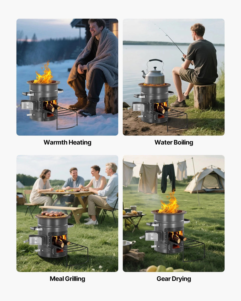 Camping Stove Portable Wood Charcoal Cooker Double Door