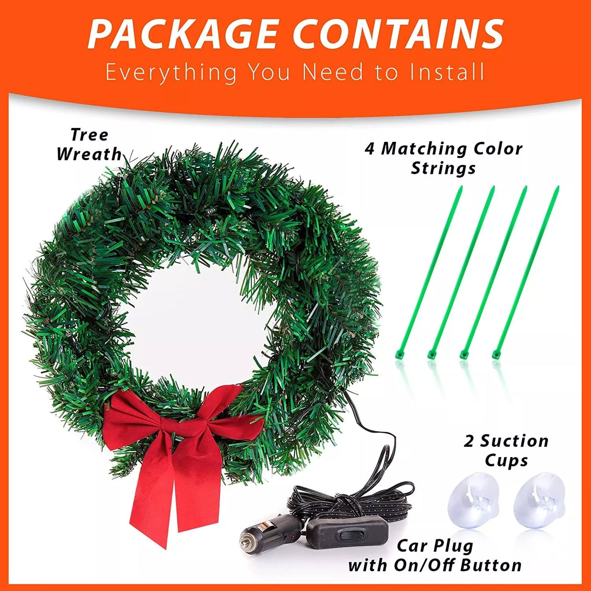 Christmas Car Wreath with LED Lights 12V Plug Weatherproof