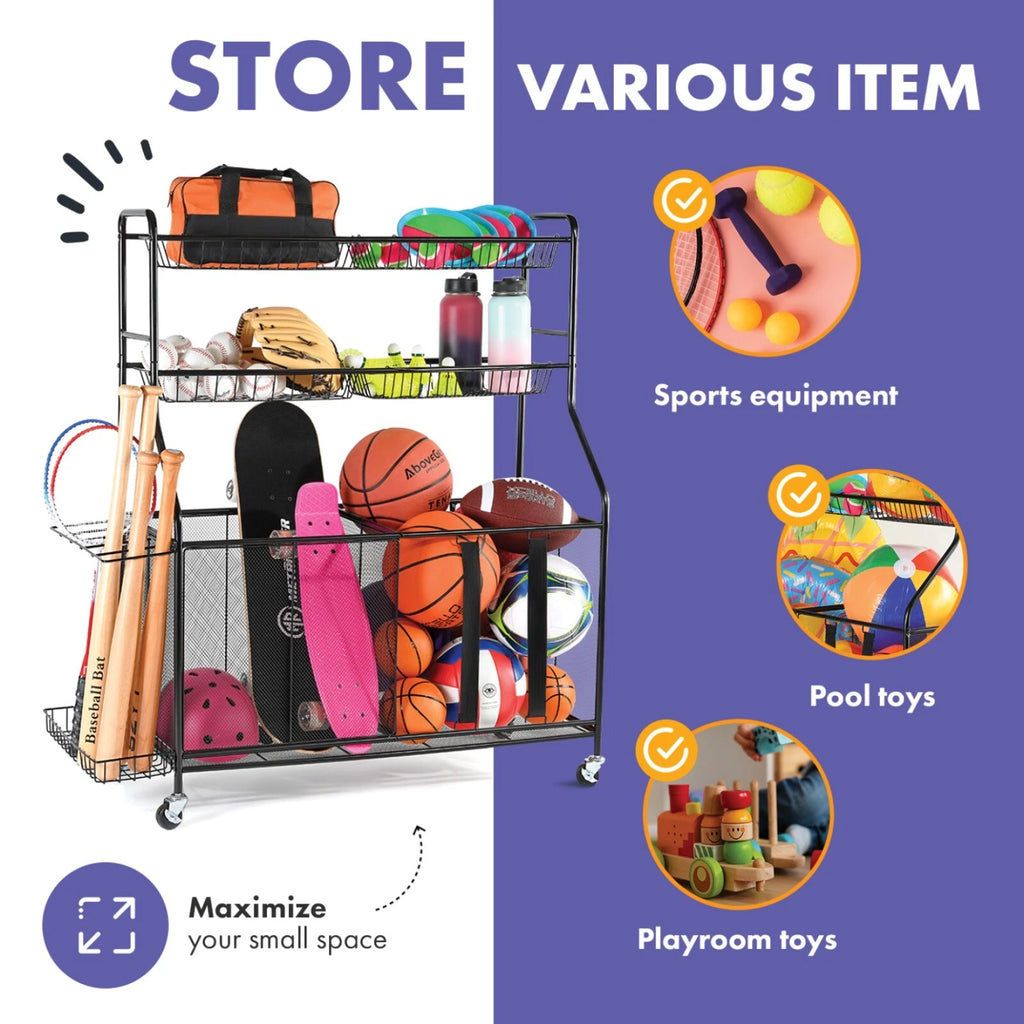 Rolling Sports Rack with Baskets & Ball Storage for Garage or Gym