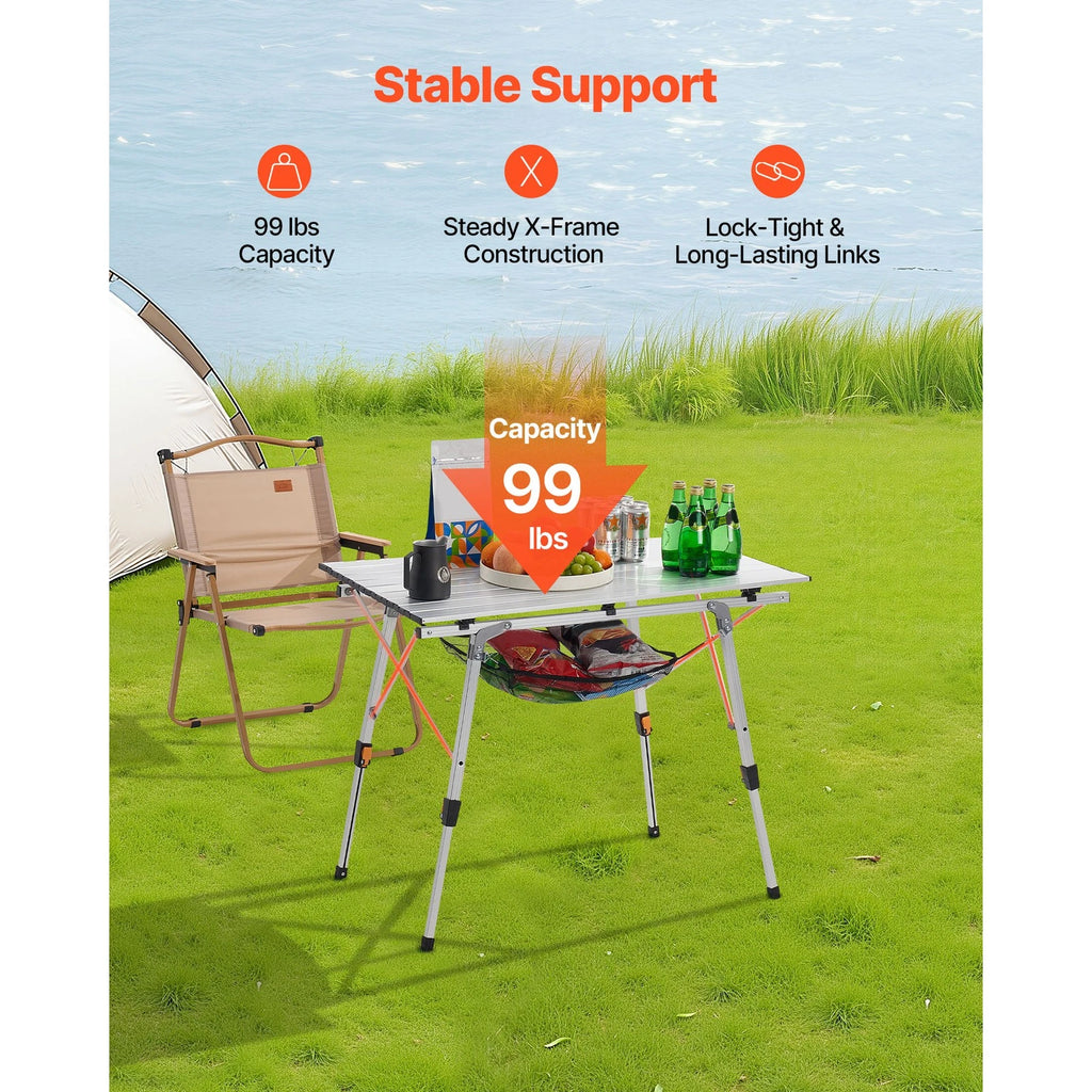 Camping Table Roll Up Top with Storage Mesh Shelf Foldable