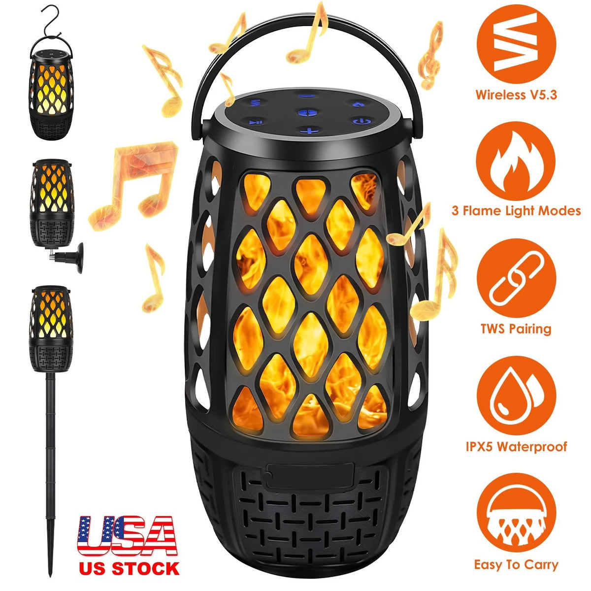 Wireless Outdoor Speaker Flame Light Lantern Mountable Waterproof