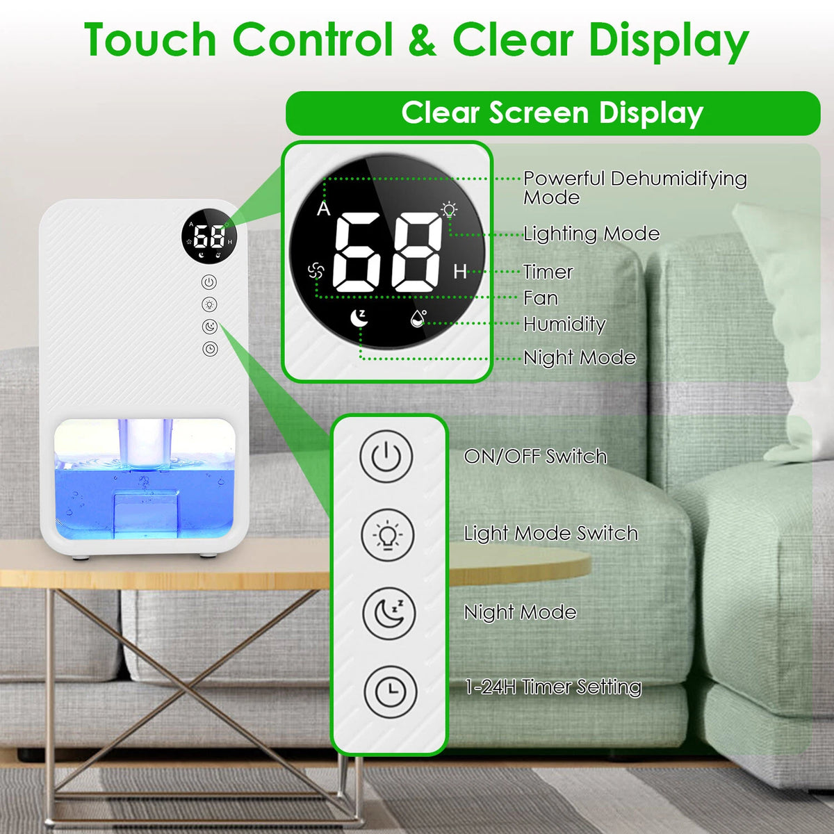 Portable Dehumidifier 1.1L Tank LED Touch Timer for Home Use