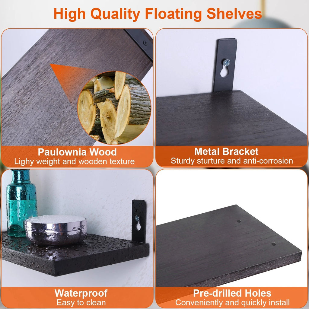 6-Pack Floating Wall Shelves 15.5" Wood Storage with Brackets