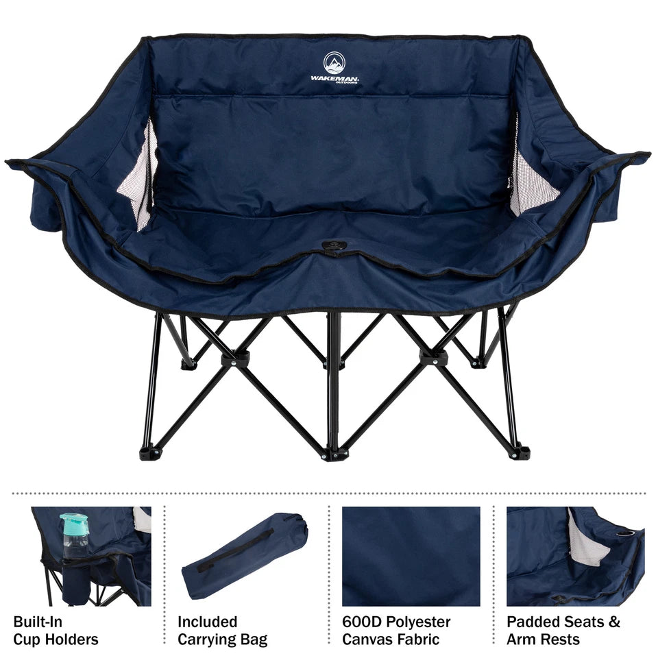 Foldable 2-Person Camping Chair with Cup Holders and Travel Bag Blue