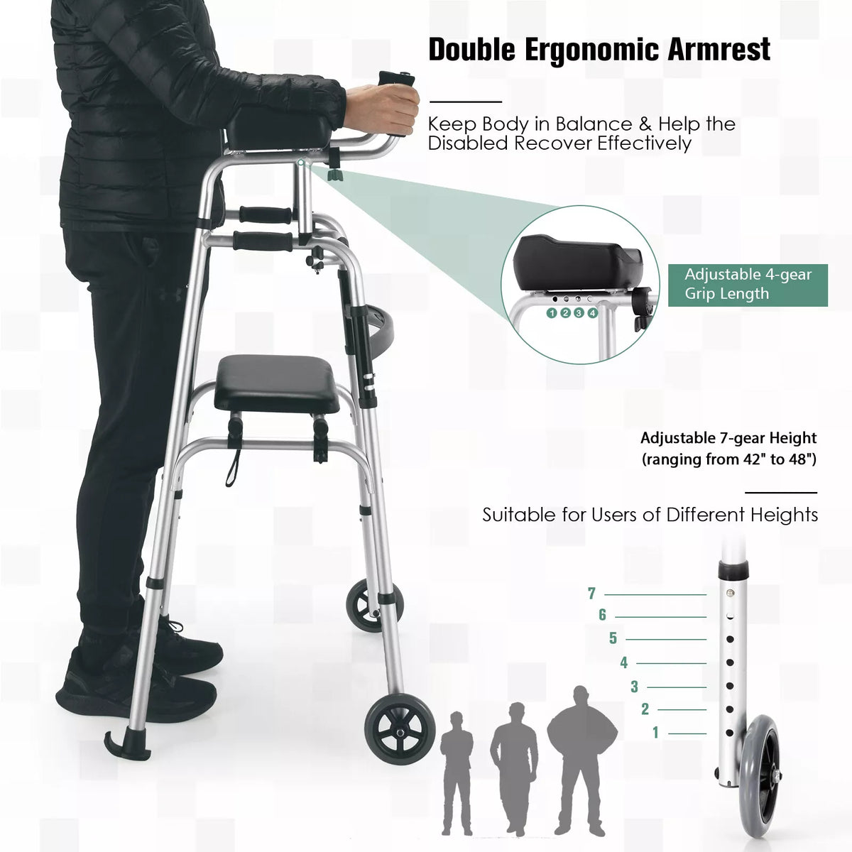 Foldable Aluminum Walker with Cushioned Seat & Wheels