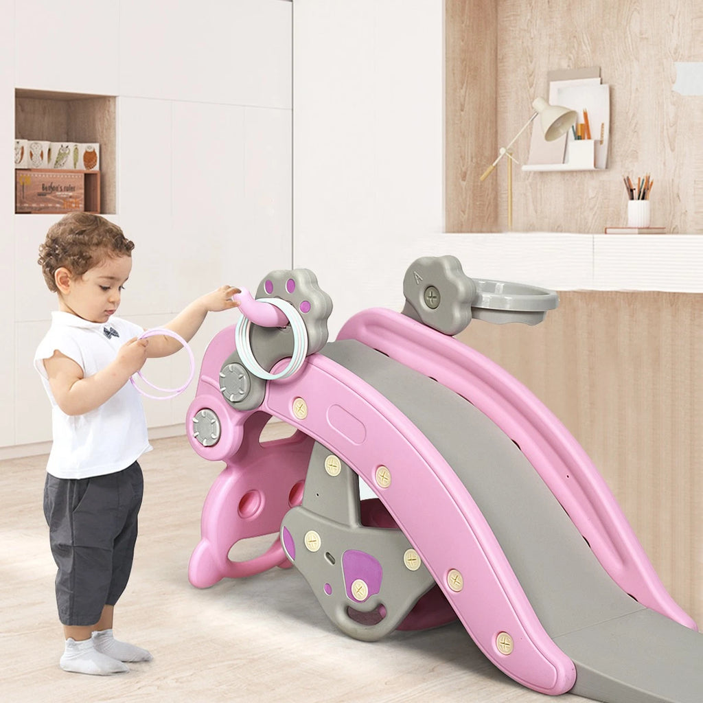 4-in-1 Toddler Rocking Horse Slide Set with Hoop & Ring Toss Pink