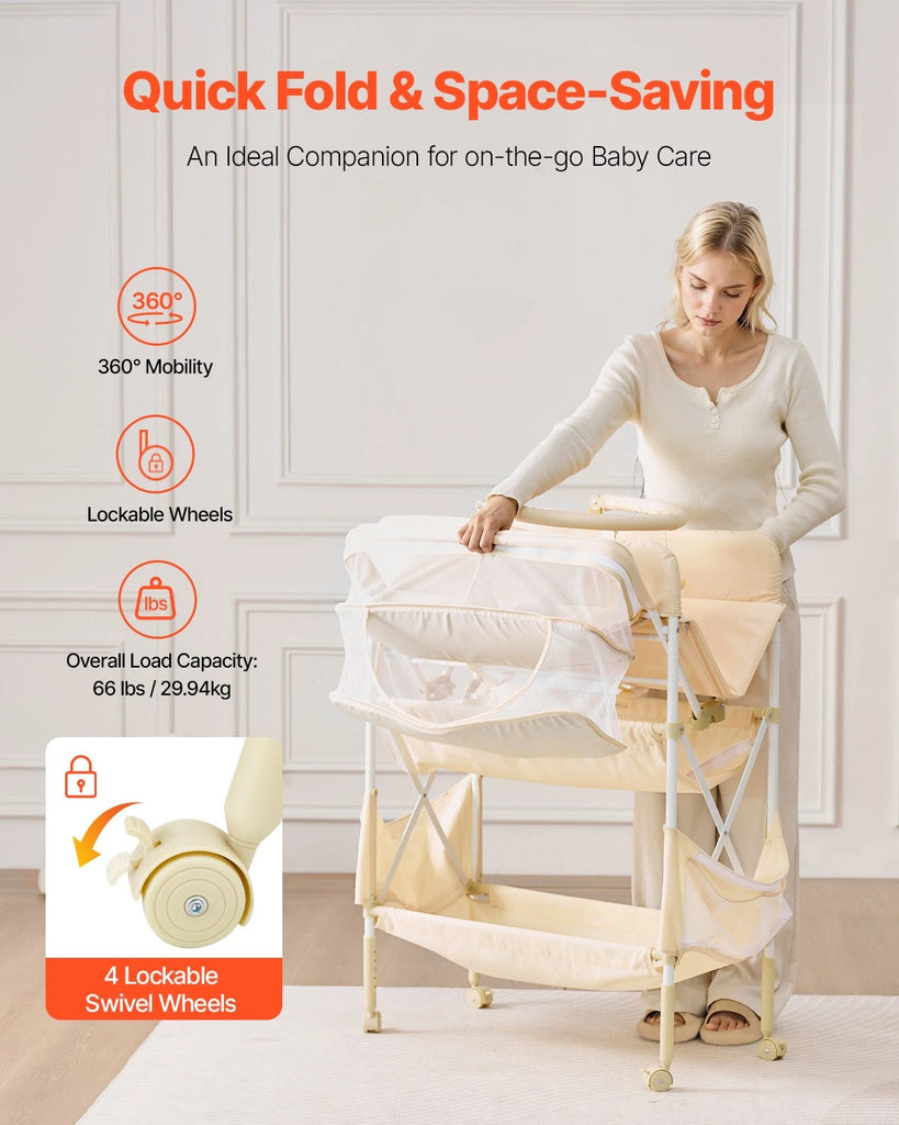 Beige Foldable Baby Changing Table with Basket, Drawers & Toys