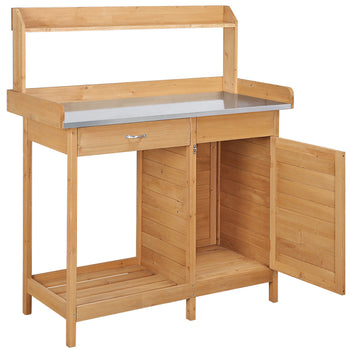 Outdoor Garden Potting Bench with Storage & Metal Tabletop