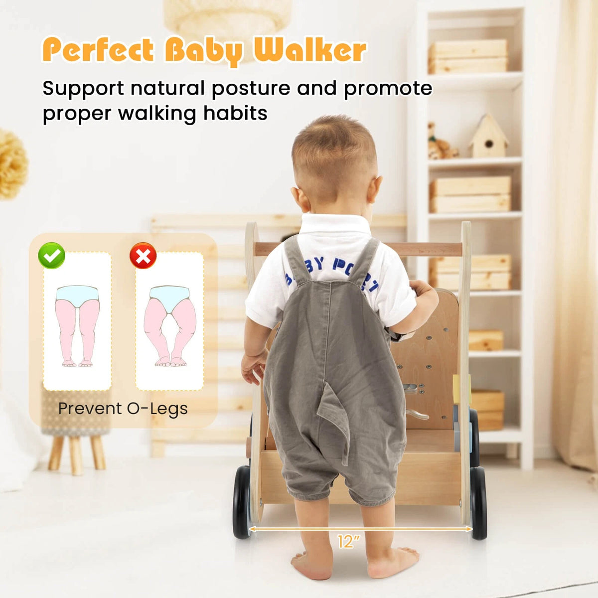 Wooden Baby Push Walker with Multi-Activity Learning Center & Storage