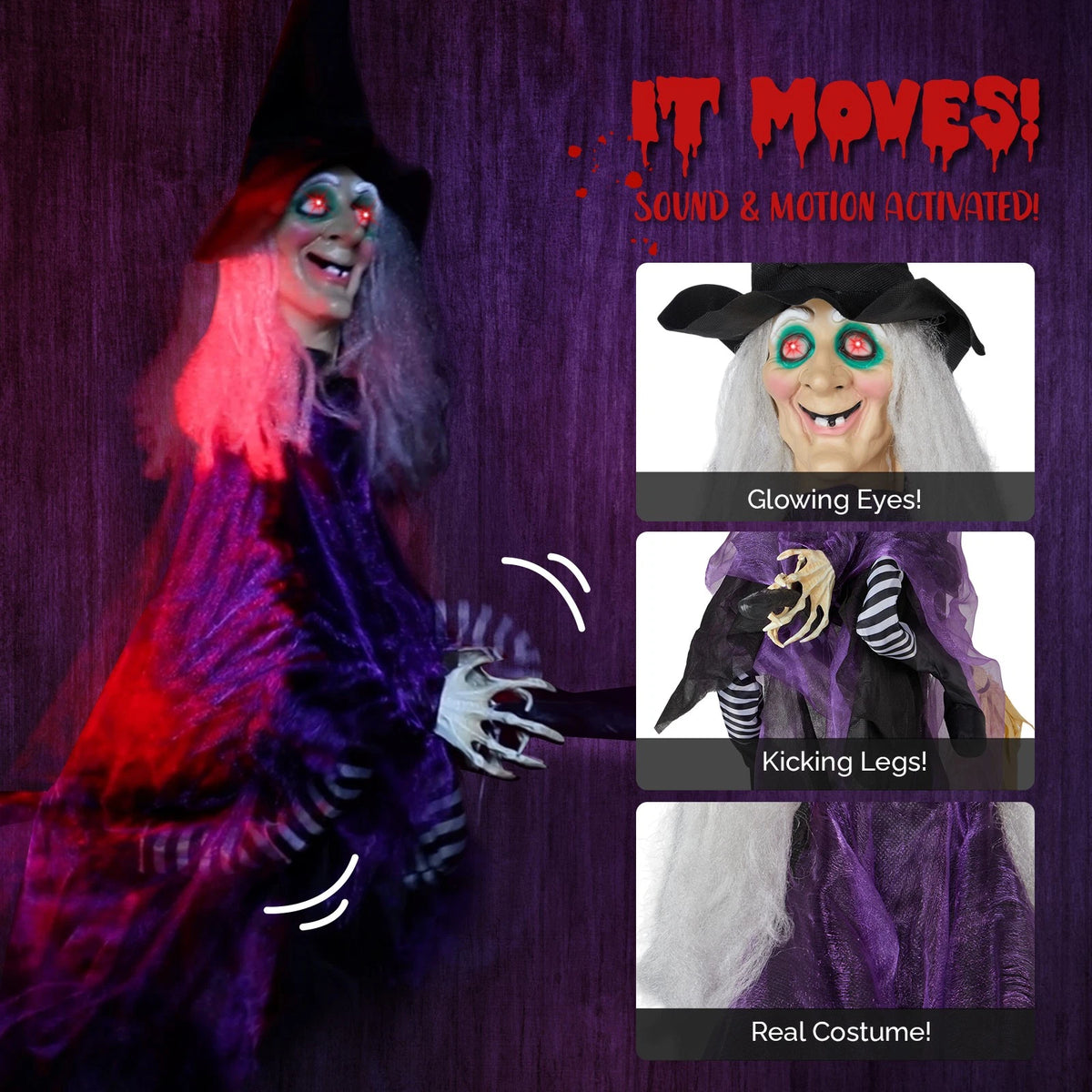 3 FT Animated Talking Witch with Glowing Eyes and Broom Halloween Decor