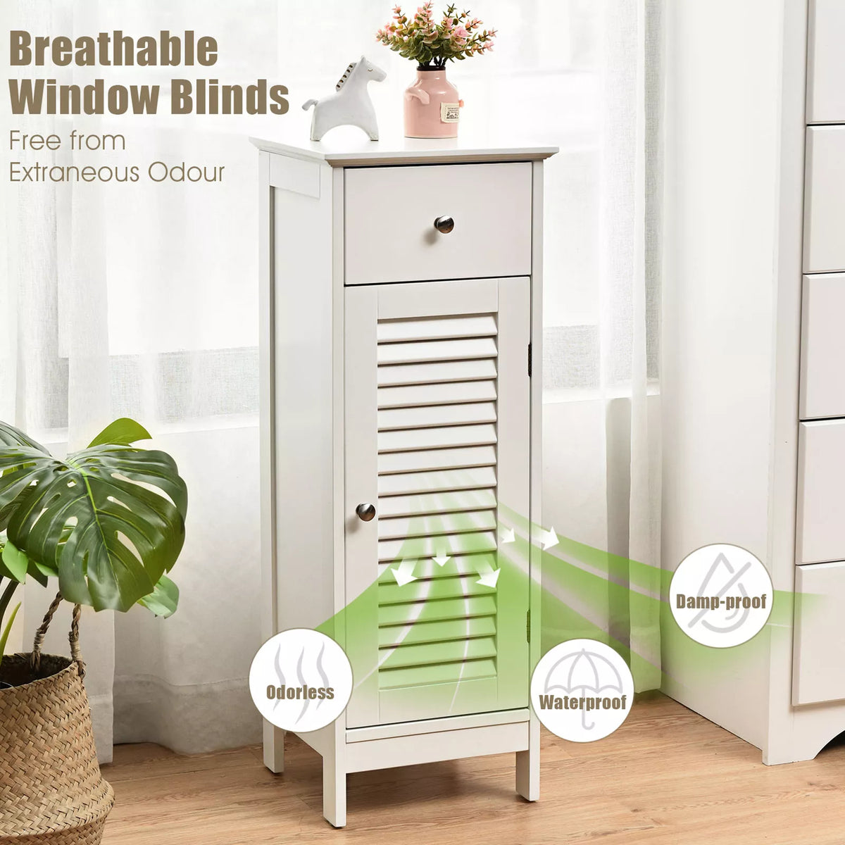 Slim White Bathroom Storage Cabinet with Drawer & Shutter Door