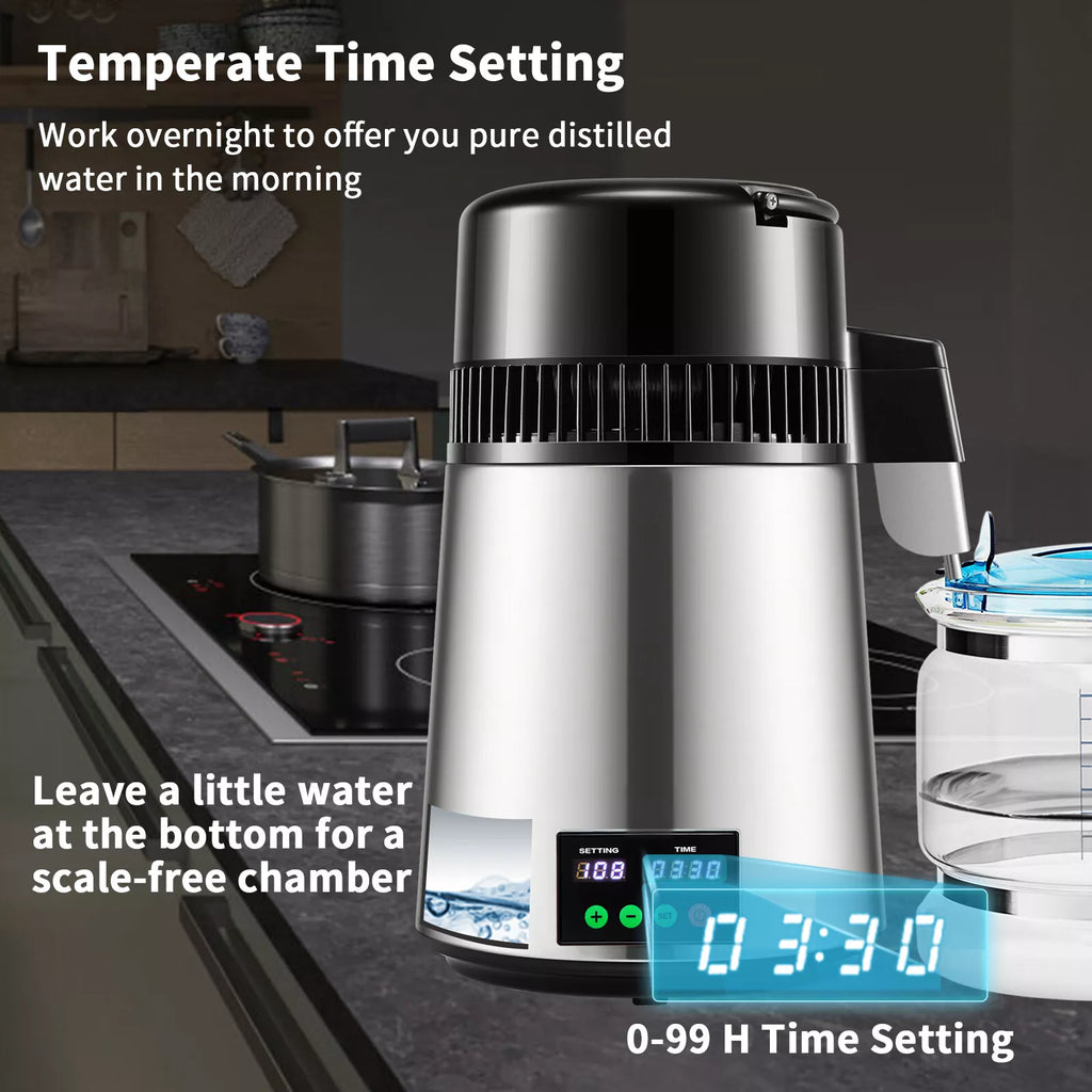 4L Home Water Distiller with Timer Temp Display & Glass Container