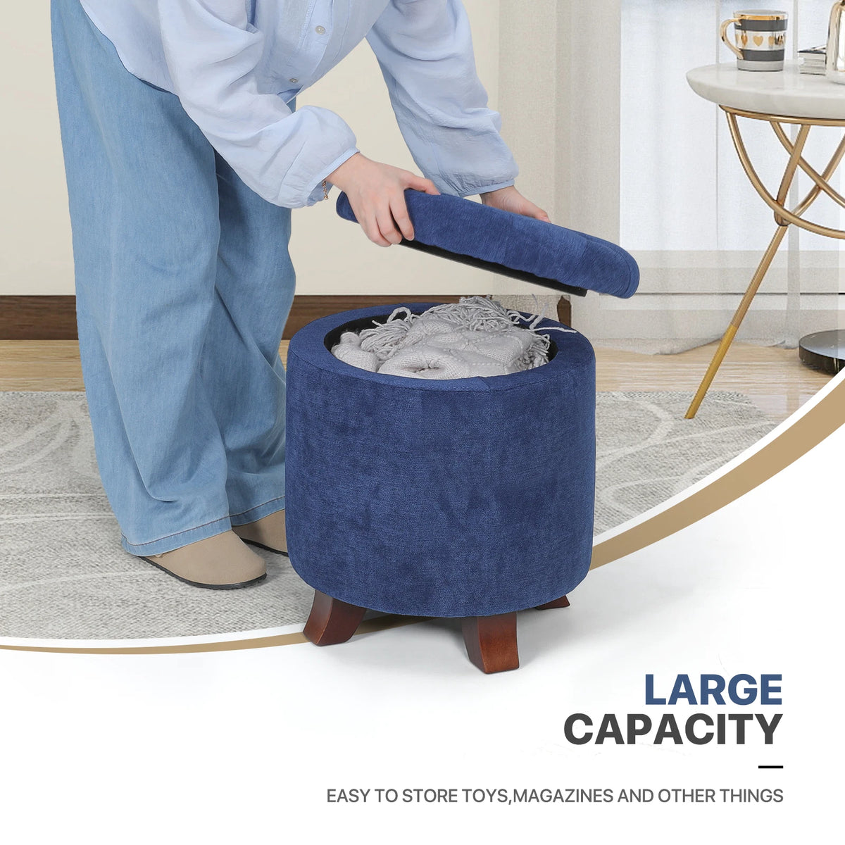 17" Round Navy Ottoman with Storage Padded Seat Lift-Off Lid