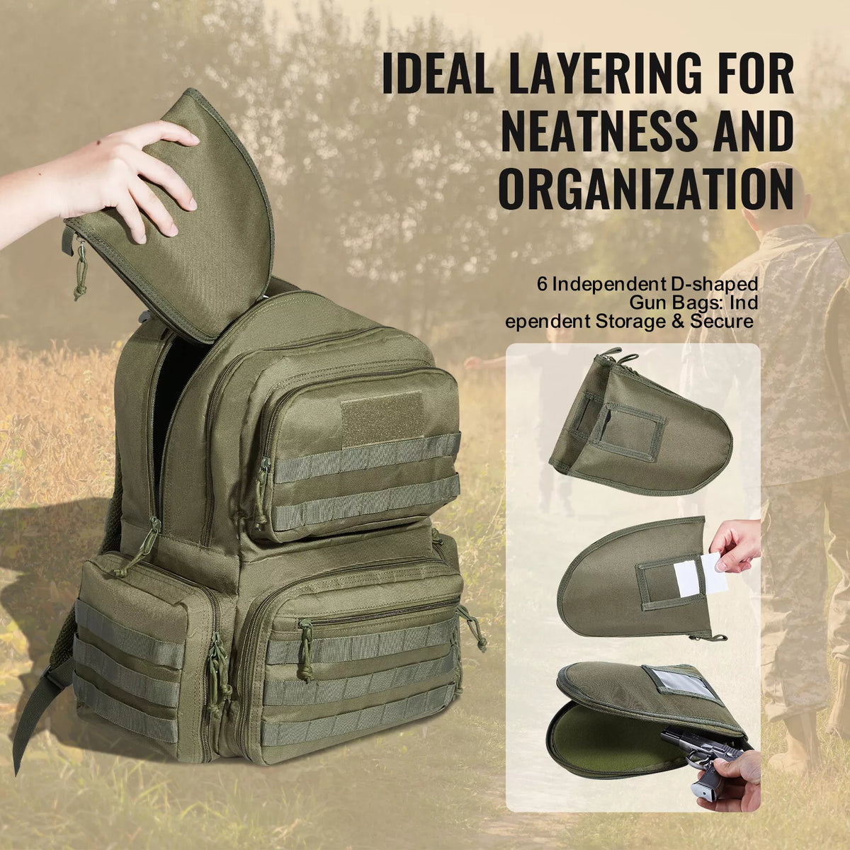 Tactical Range Backpack for 6 Pistols with Molle Panels Green