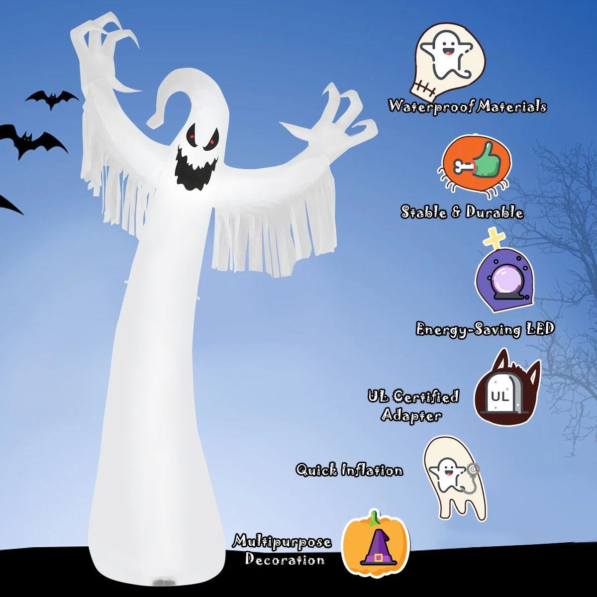12FT Giant Halloween Inflatable Ghost with LED Lights for Outdoor Yard