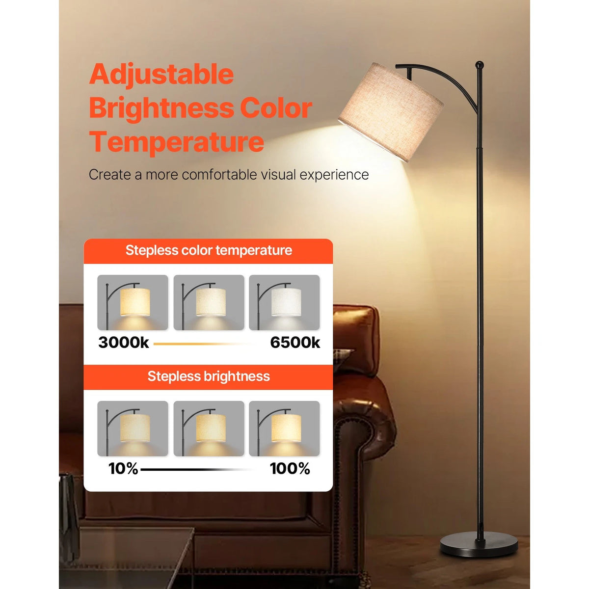 Dimmable Floor Lamp with Remote Control, Adjustable Color Temp Head