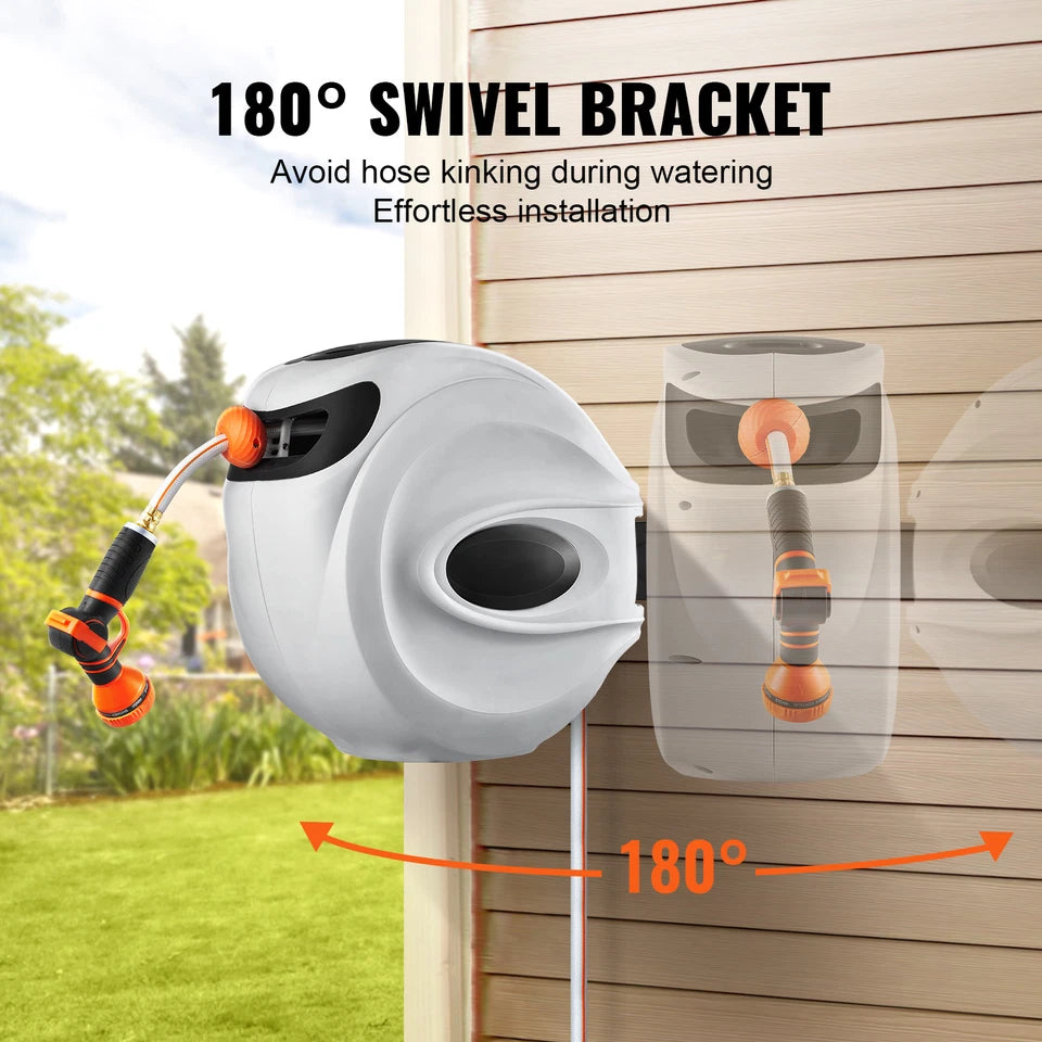 65FT Retractable Garden Hose Reel with Auto Rewind Wall Mount Nozzle