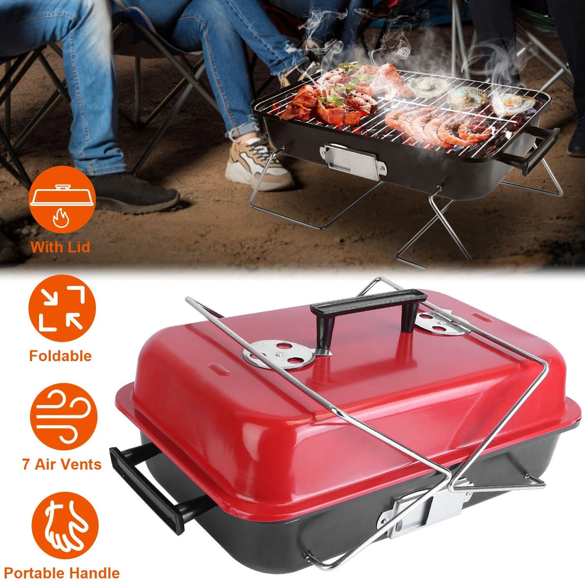 Folding Portable Charcoal BBQ Grill Tabletop Smoker for Outdoor Cooking