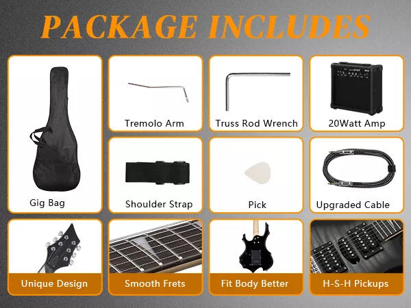 39" Flame Electric Guitar Kit with HSH Pickups & 20W Amp Black Tiger