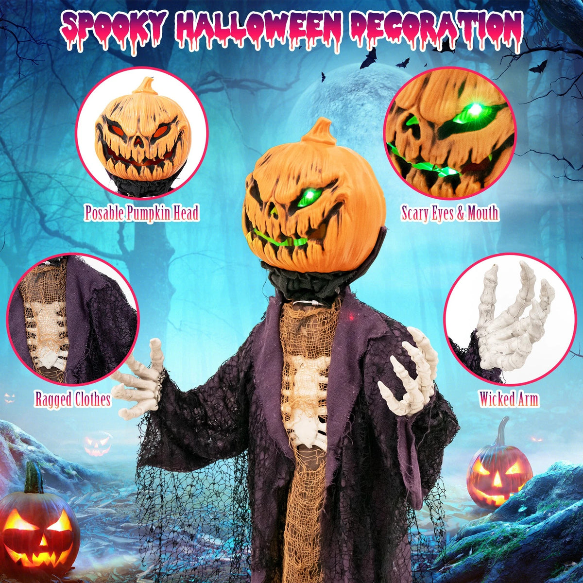 5.6FT Animated Pumpkin Scarecrow with Green LED Eyes and Spooky Sounds