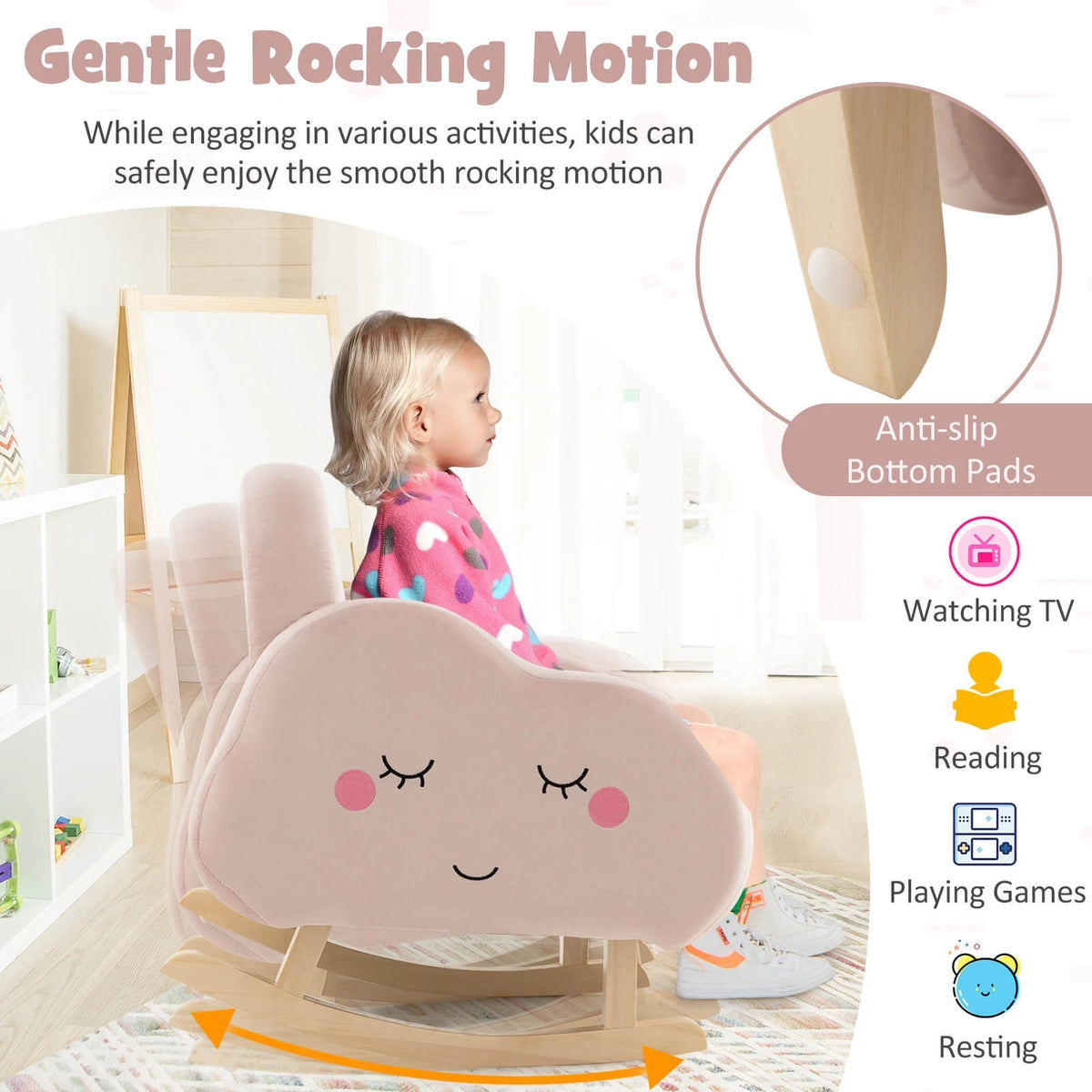 Toddler Rocking Chair with Wood Base and Armrests Pink Velvet