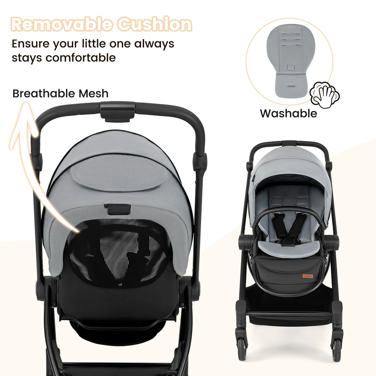 Foldable Baby Stroller with Reclining Backrest & Adjustable Handle