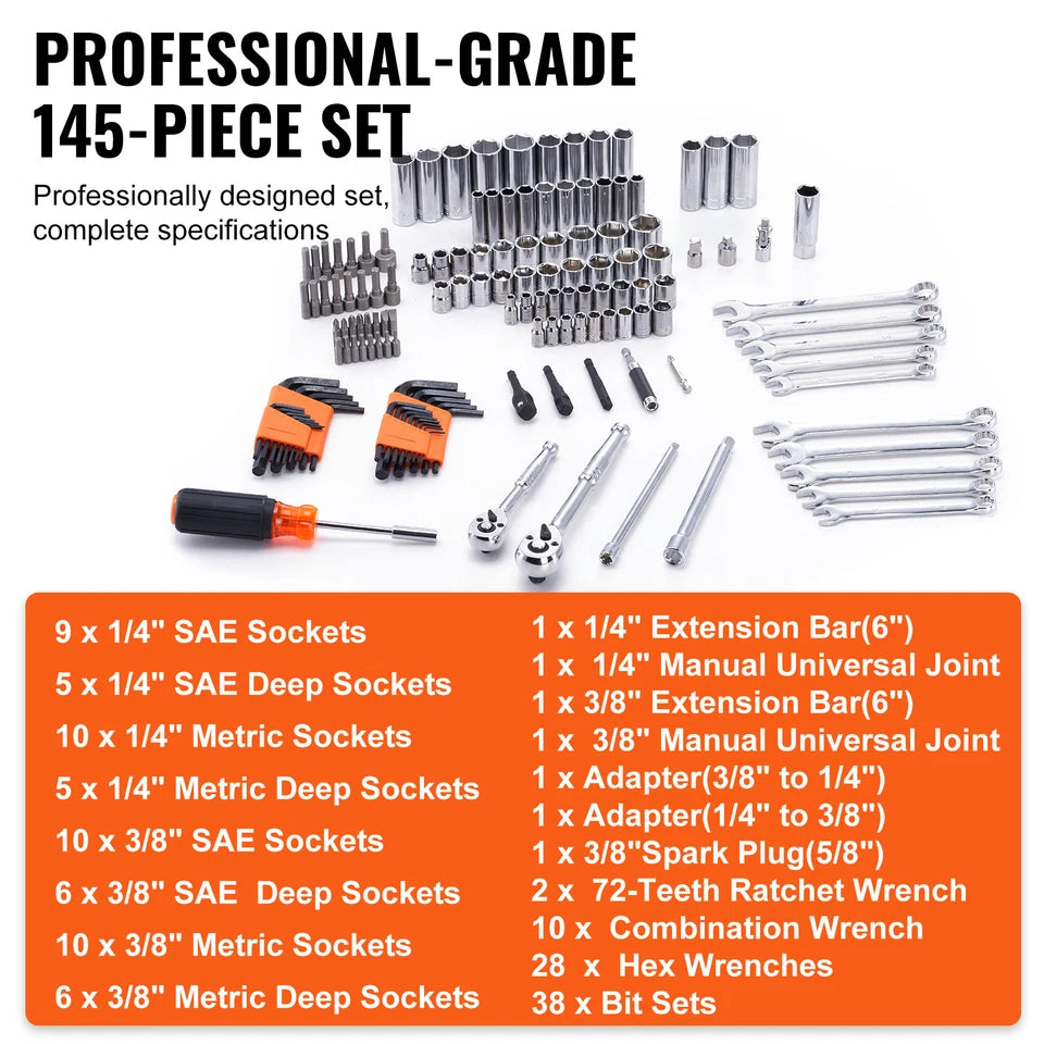 145-Piece SAE & Metric Socket Tool Set with Storage Case