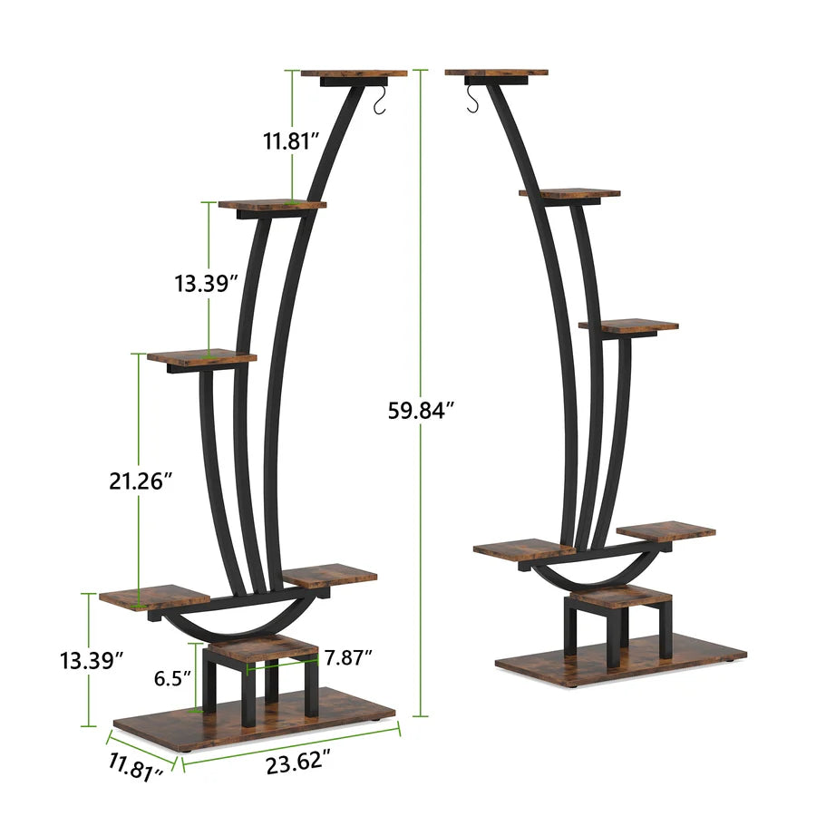 6-Tier Indoor Plant Stand Set of 2 Metal & Wood Flower Shelf Brown