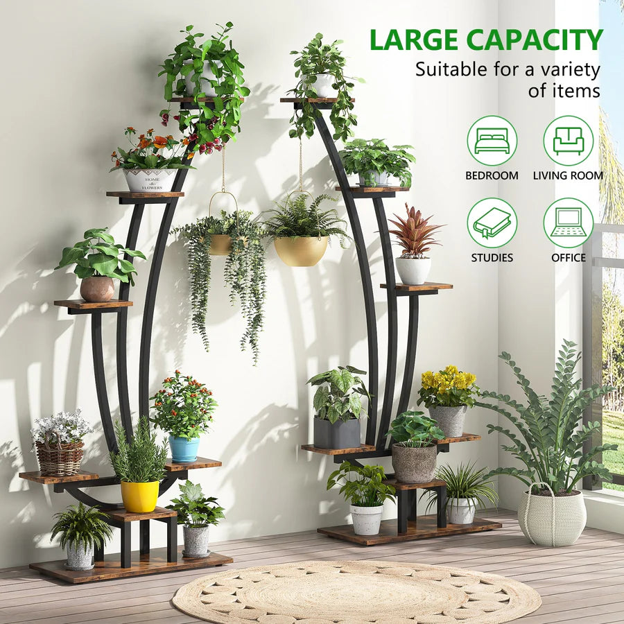 6-Tier Indoor Plant Stand Set of 2 Metal & Wood Flower Shelf Brown