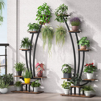 6-Tier Indoor Plant Stand Set of 2 Metal & Wood Flower Shelf Brown