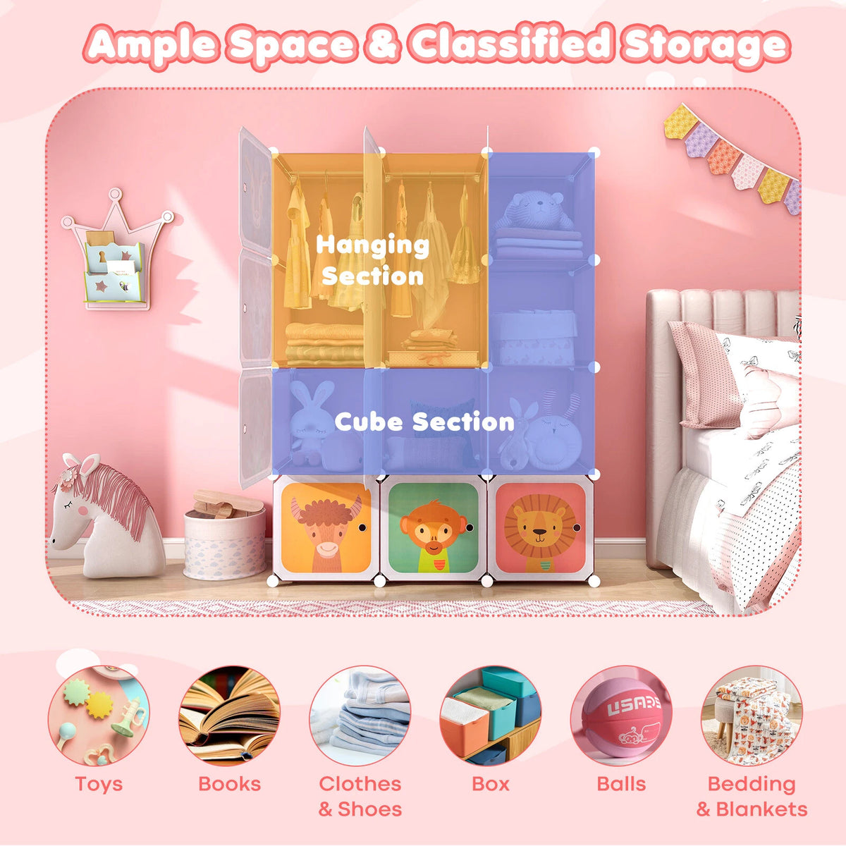 12-Cube Kids Closet Organizer with Hanging Rod & Animal Doors Pink