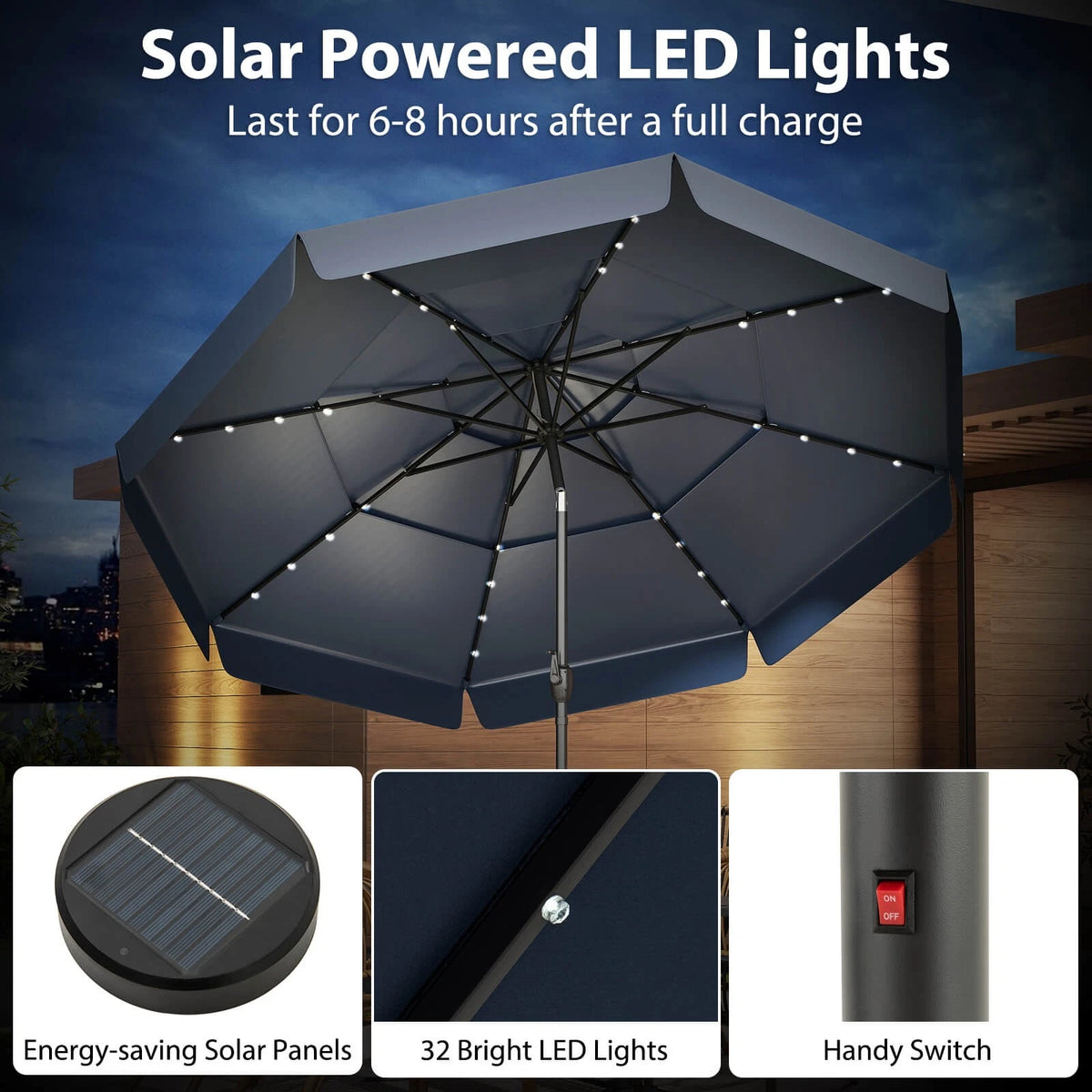 10 FT Solar Patio Umbrella with LED Lights and 3-Tier Vented Design