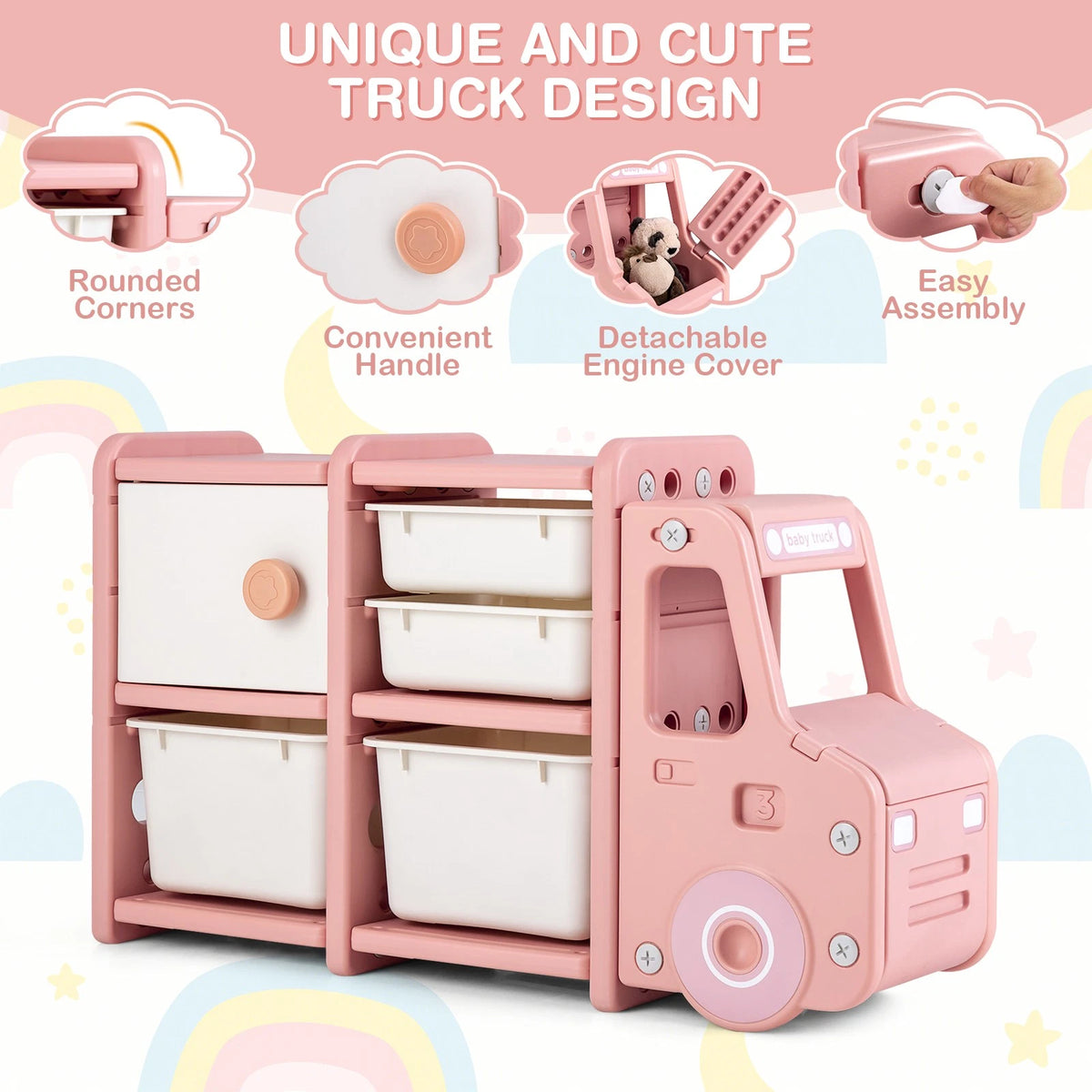 Truck-Themed Kids Toy Organizer with Storage Bins and Drawers Pink
