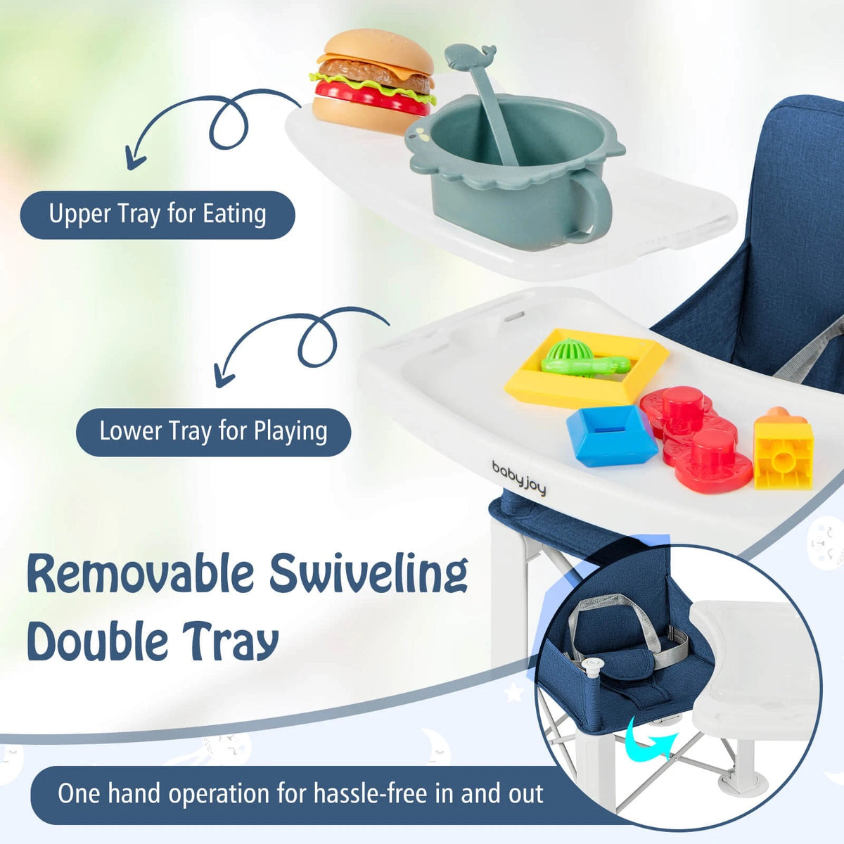 Folding Toddler Travel Booster Seat with Double Tray and Bag Blue