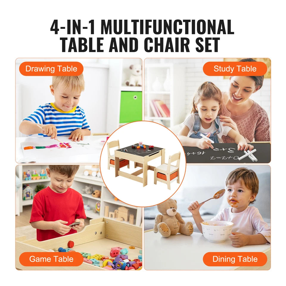 Kids Wooden Table and Chair Set with Chalkboard & Storage Bins