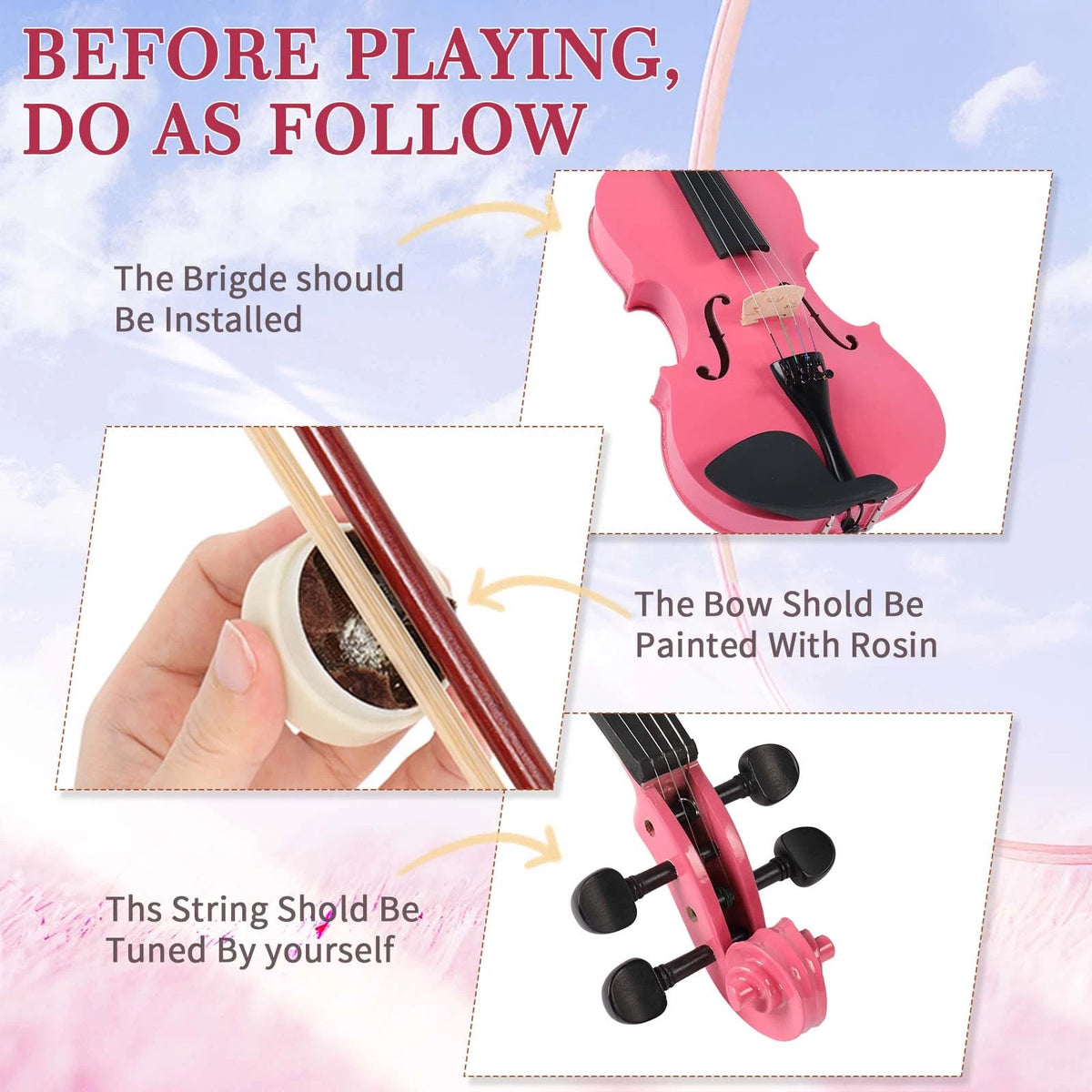 1/2 Pink Acoustic Violin Beginner Kit with Bow, Case, and Rosin for Kids