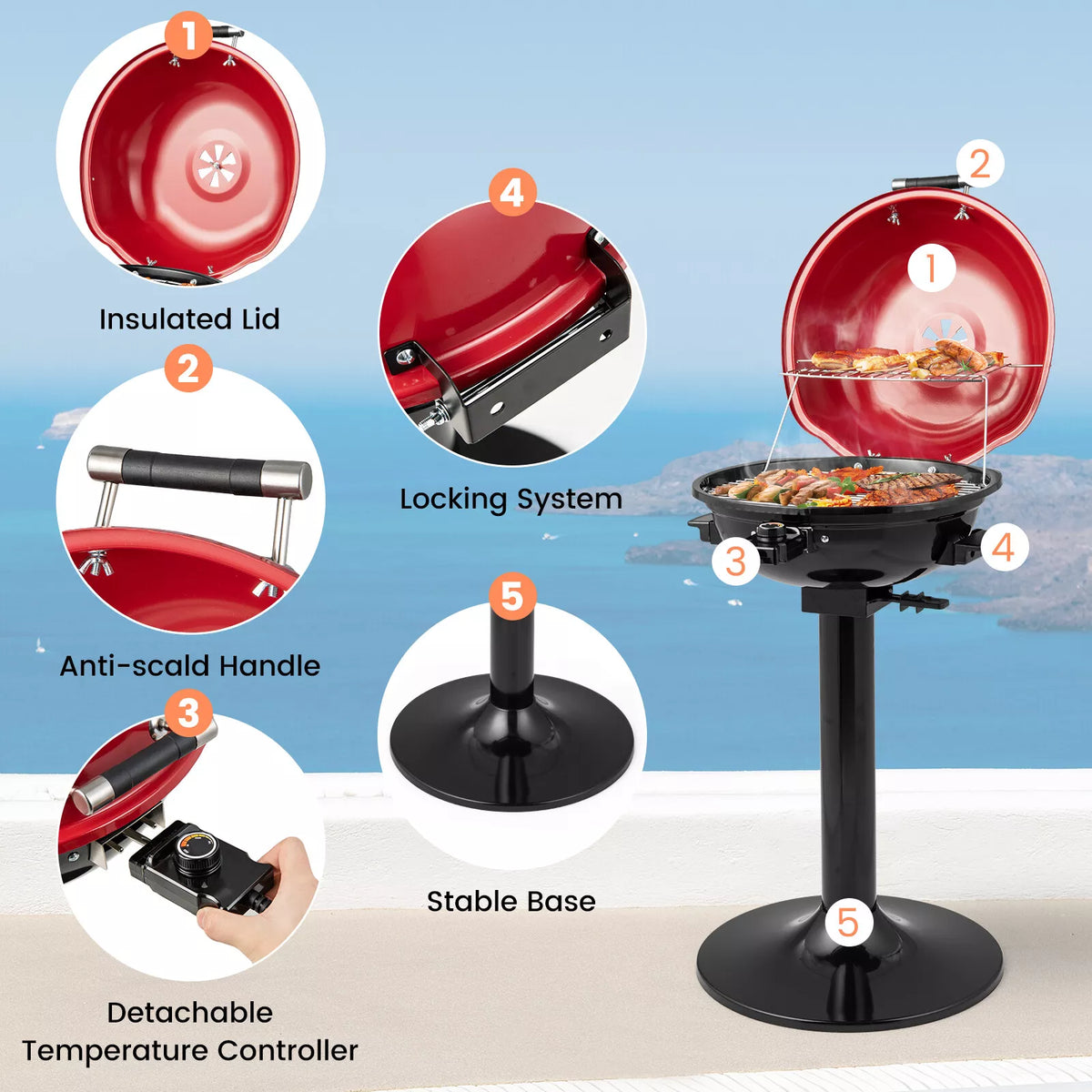 1600W Red Electric Grill with Precise Temp Control & Grease Tray