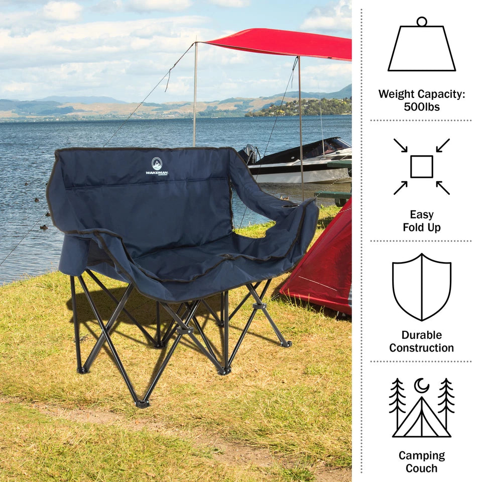 Foldable 2-Person Camping Chair with Cup Holders and Travel Bag Blue