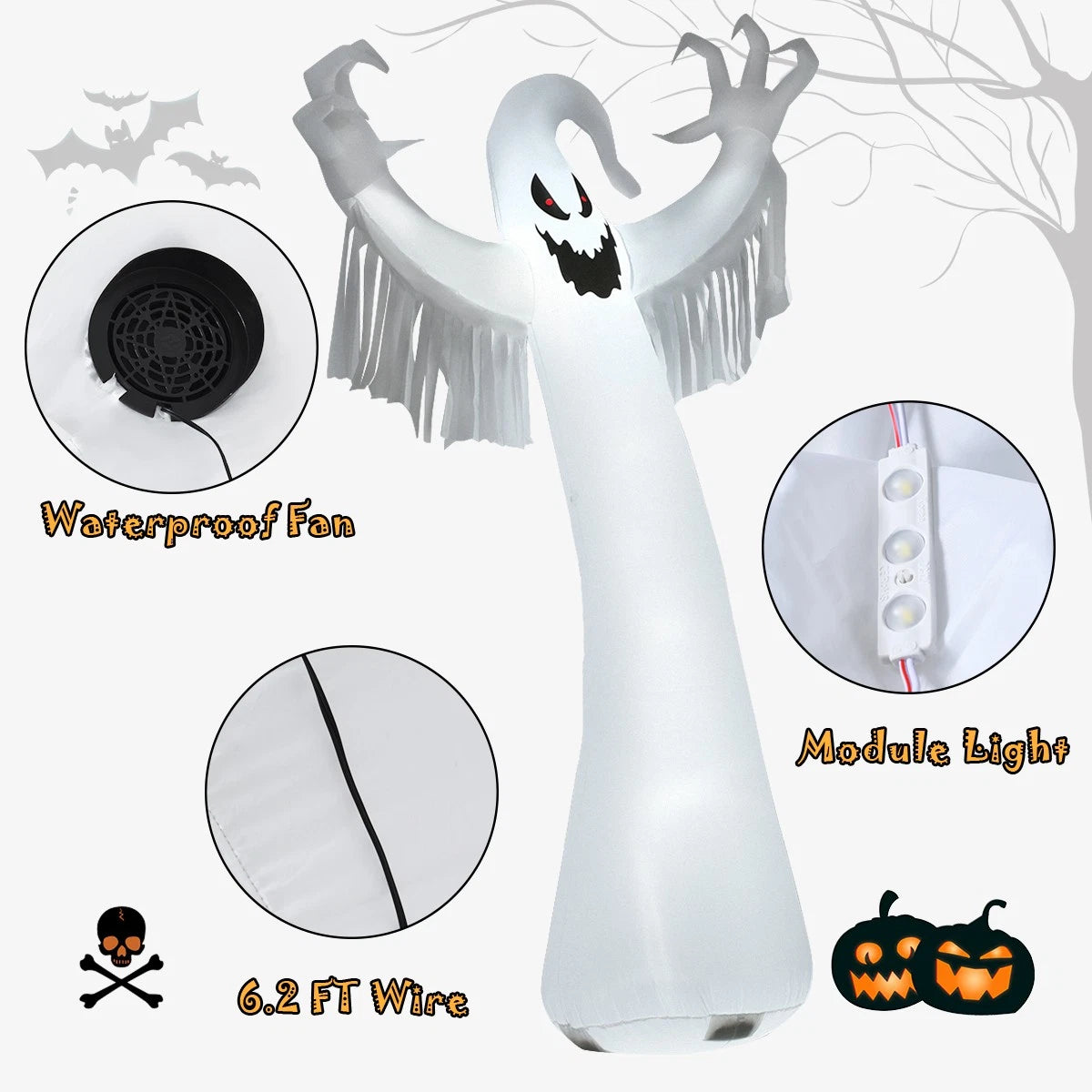 12FT Giant Halloween Inflatable Ghost with LED Lights for Outdoor Yard