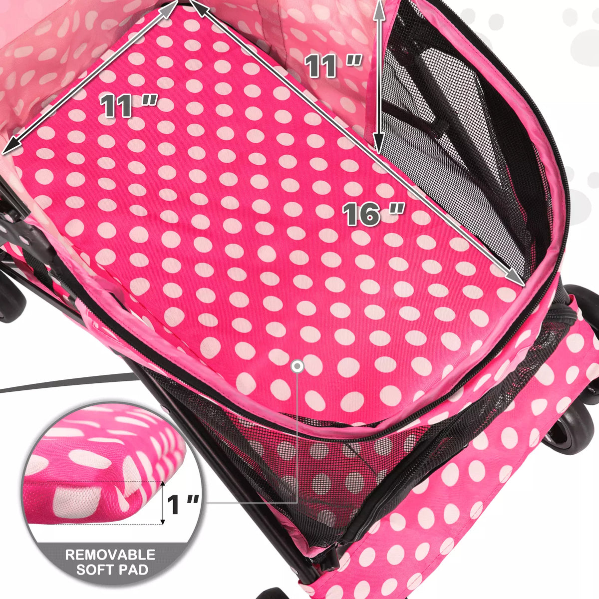 Foldable Pet Stroller with Mesh and Storage Basket Hot Pink
