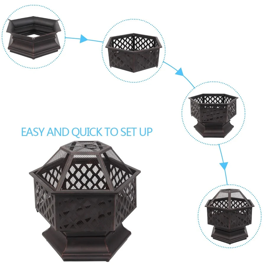 22" Hexagonal Iron Fire Pit Wood-Burning Outdoor Brazier with Cover
