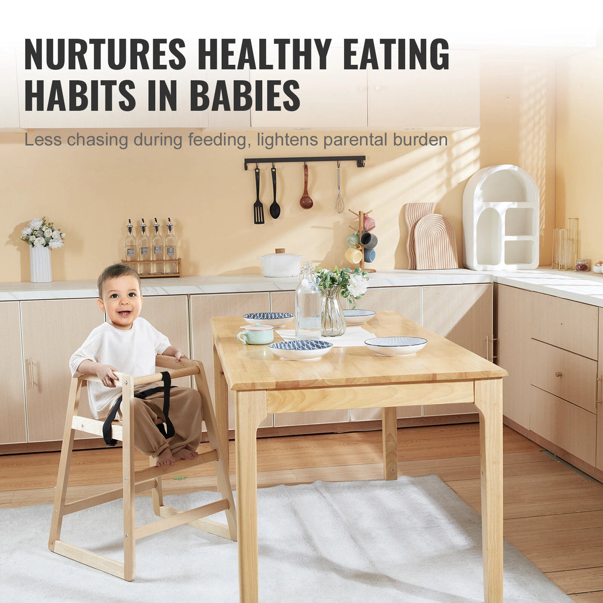 Birch Wood Baby High Chair with Harness and Anti-Slip Foot Pads