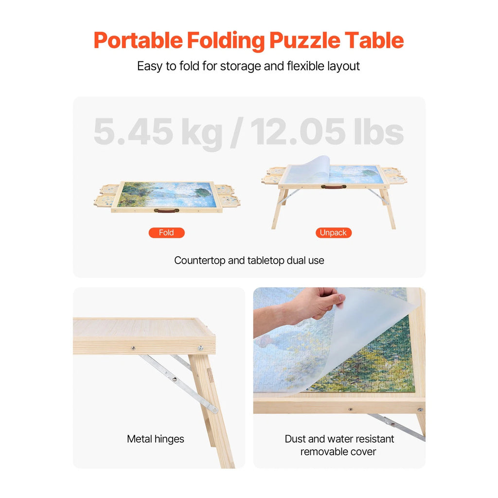 Foldable Wooden Puzzle Table with Drawers & Clear Cover for 1500 Pieces