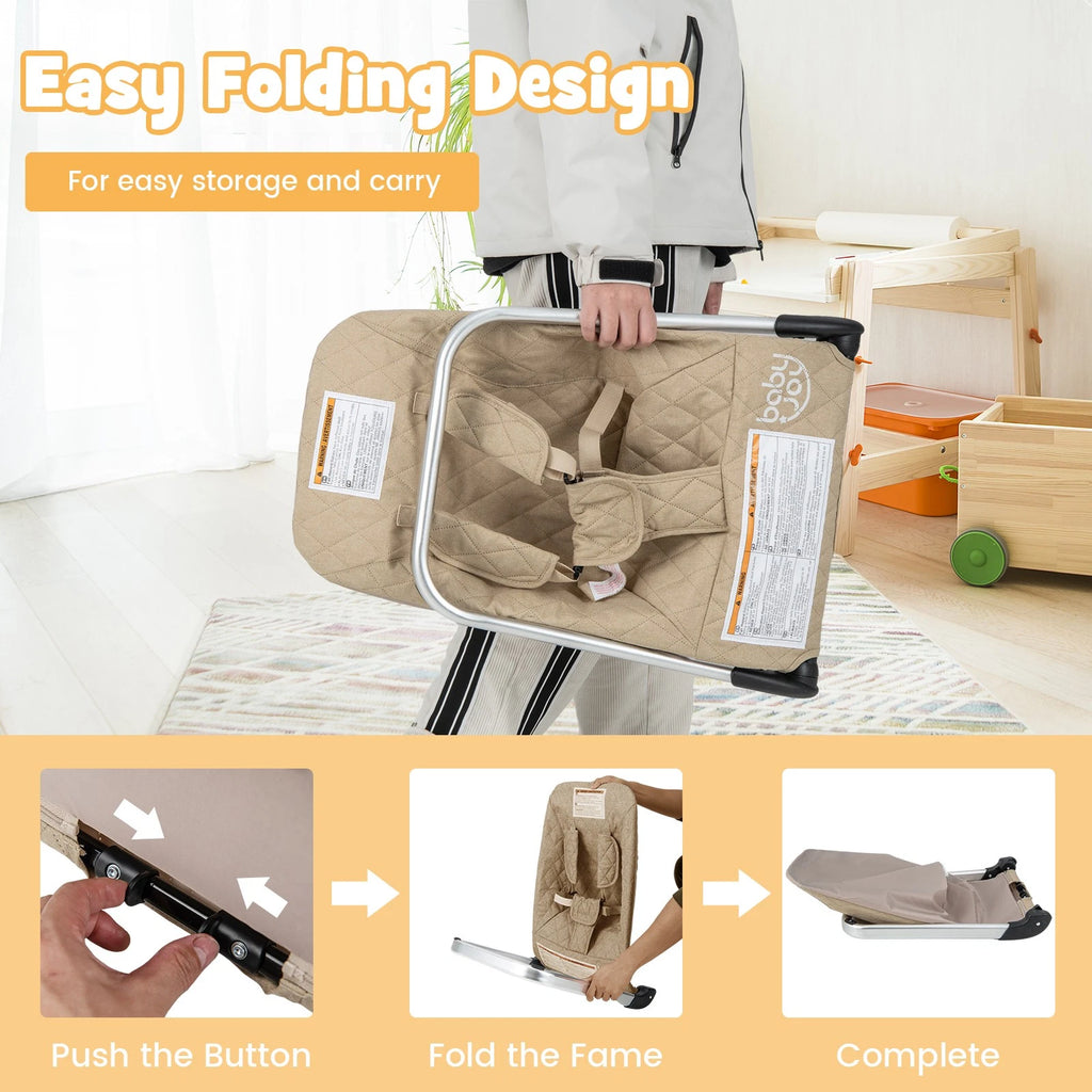 Folding Baby Bouncer with Ergonomic Backrest Breathable Design Beige