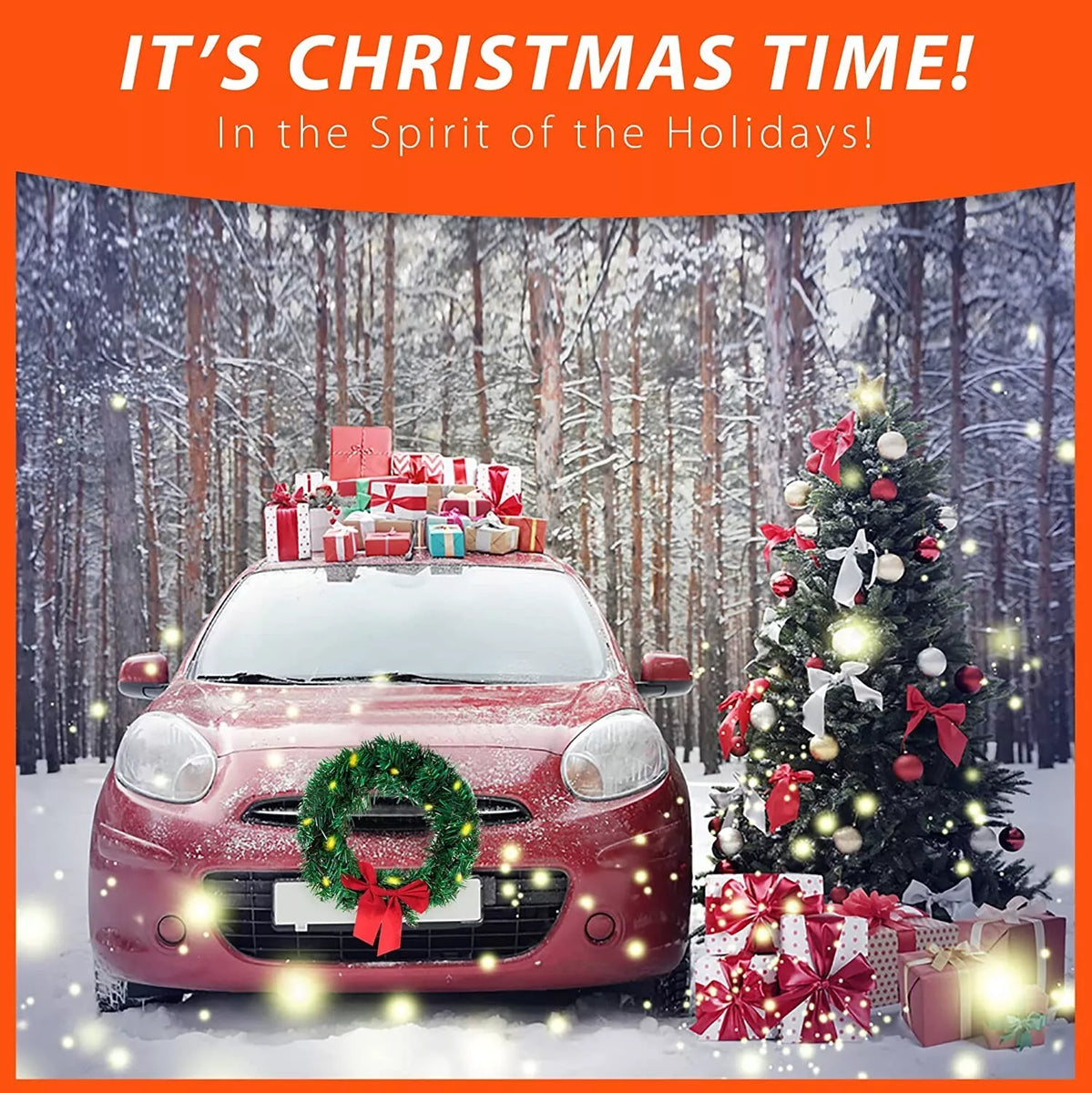 Christmas Car Wreath with LED Lights 12V Plug Weatherproof